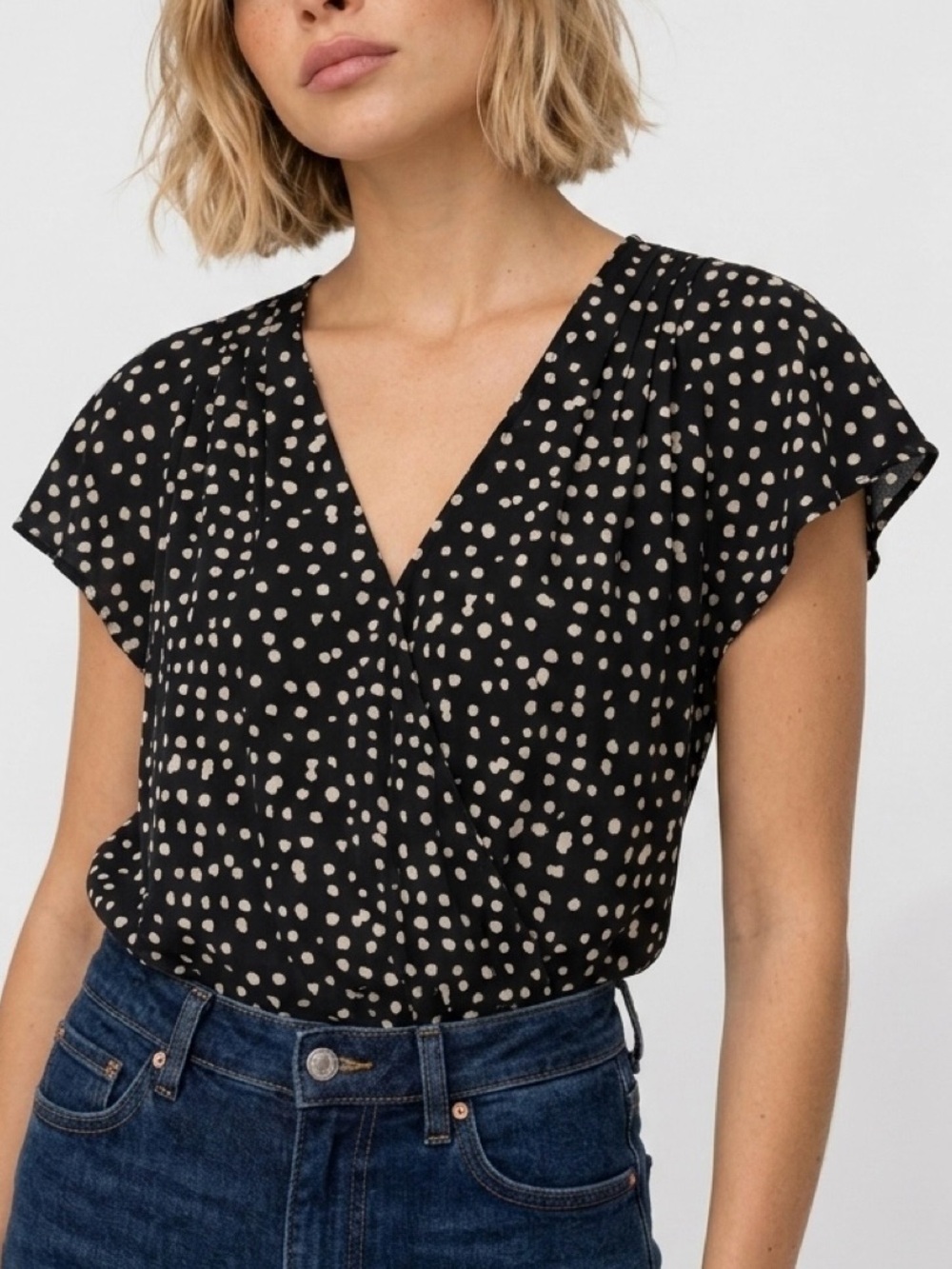 Banana Republic Faux-Wrap Polka Dot Blouse Black White XS